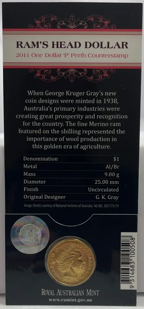 2011 1 Dollar Uncirculated Coin Ram's Head Perth Counterstamp product image