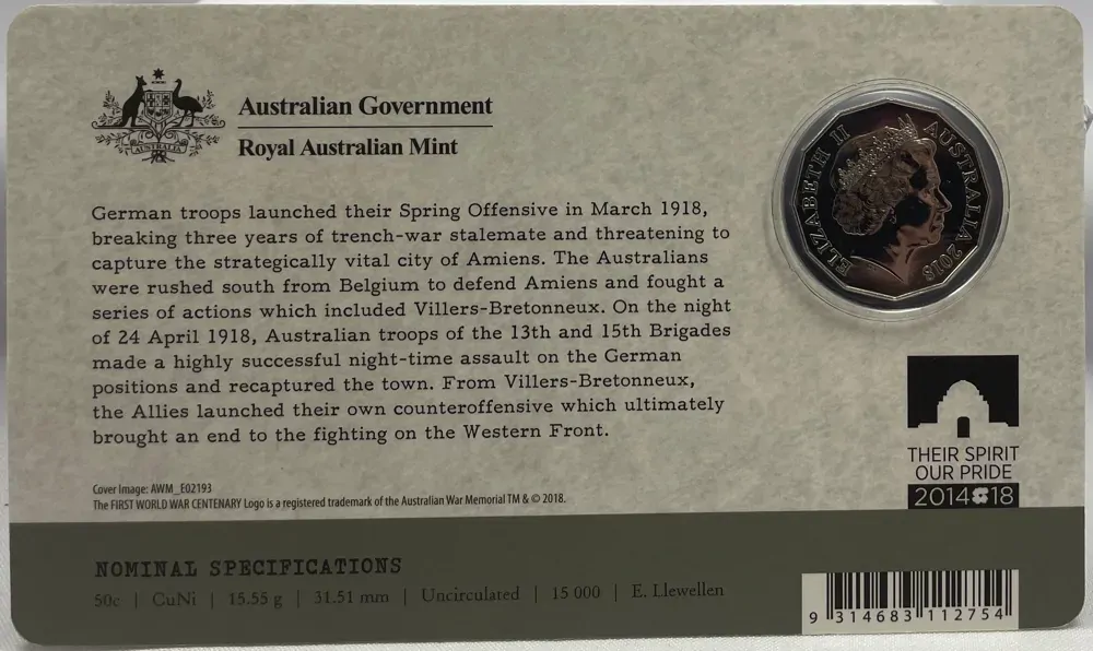 2018 50 Cent Uncirculated Coin The Western Front Villers-Bretonneux