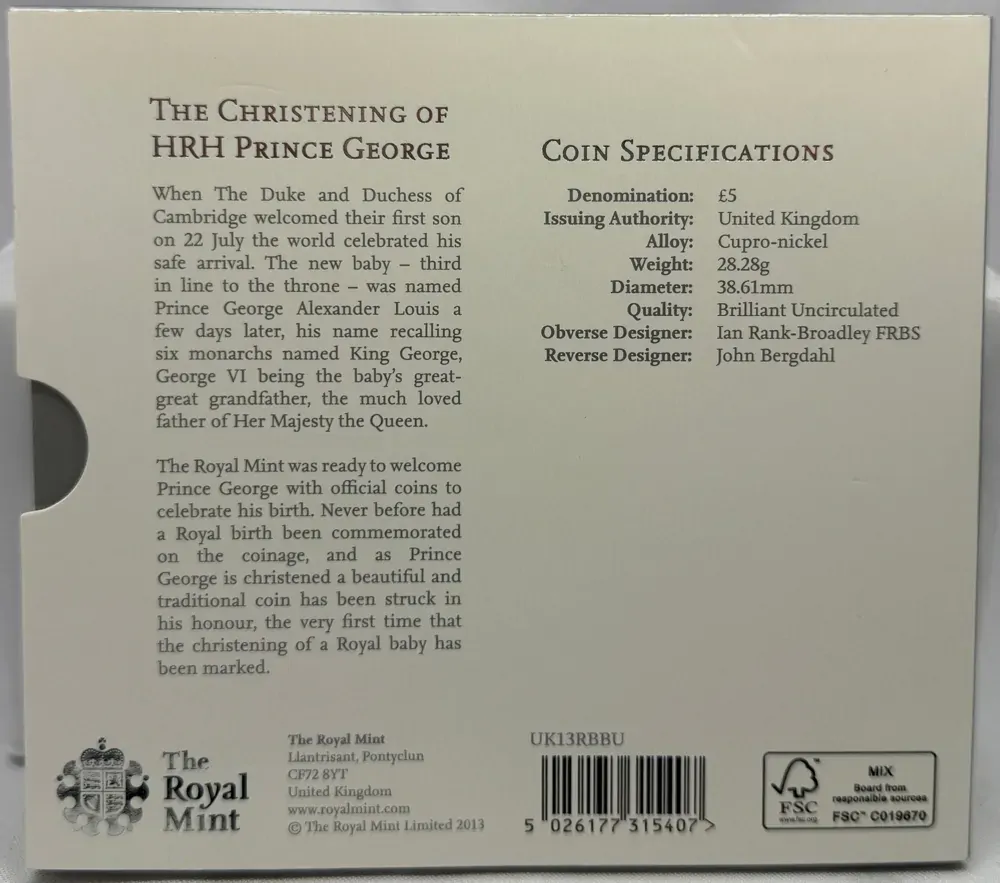United Kingdom 2013 5 Pound Coin Prince George Christening product image