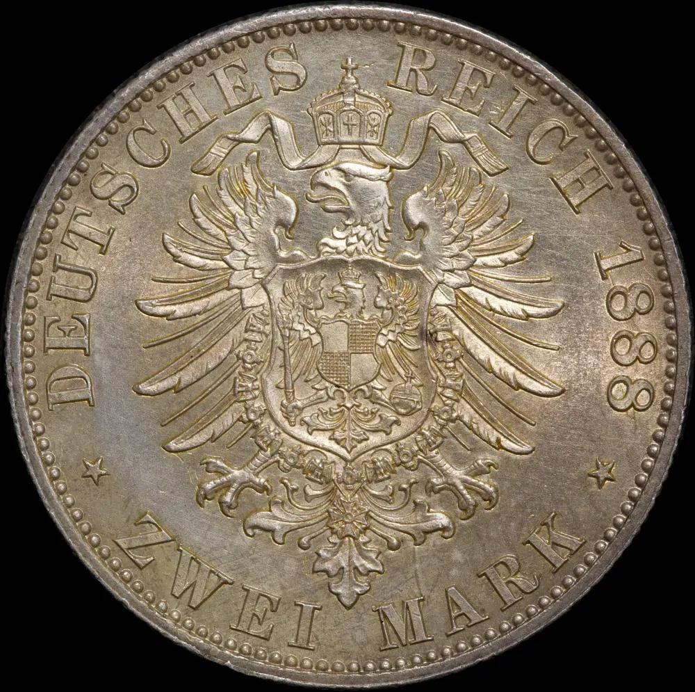 German States (Prussia) 1888 Silver 2 Marks KM# 510 Uncirculated