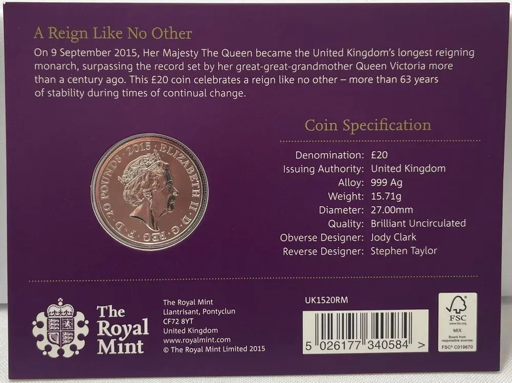United Kingdom 2015 Fine Silver 20 Pounds BU Coin The Longest Reigning Monarch