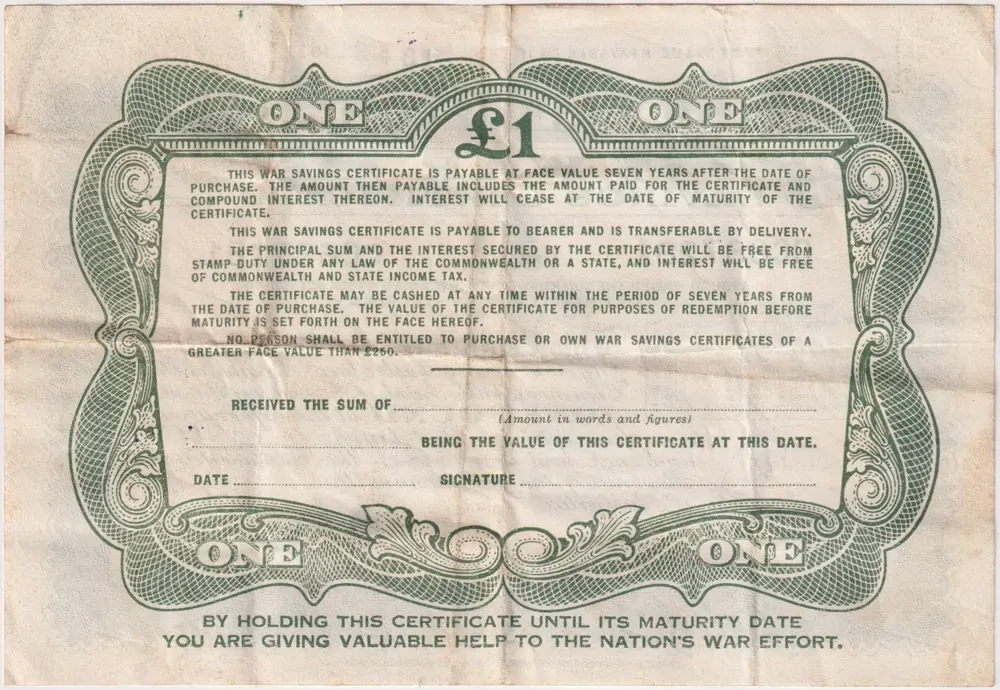Australia 1945 1 Pound War Savings Certificate Surry Hills Very Fine 