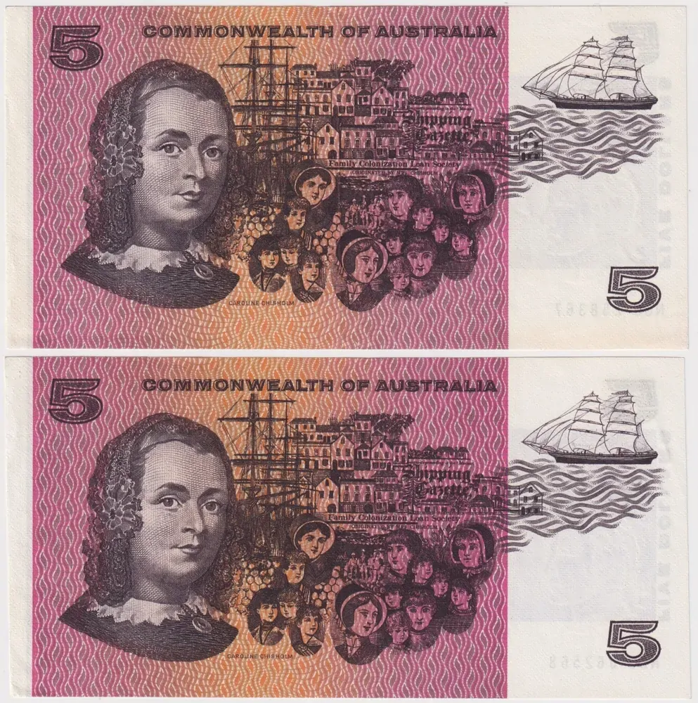 1969 $5 Note Consecutive Pair Phillips/Randall R203 Extremely Fine