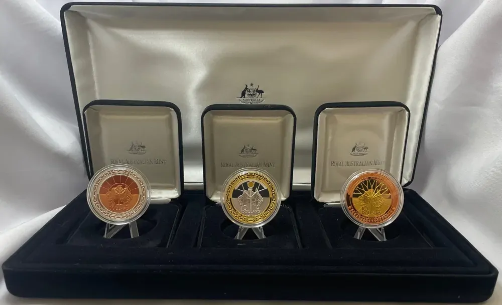 1999 - 2001 10 Dollar Proof Coin Trio Past Present Future Millennium - Damaged Packaging