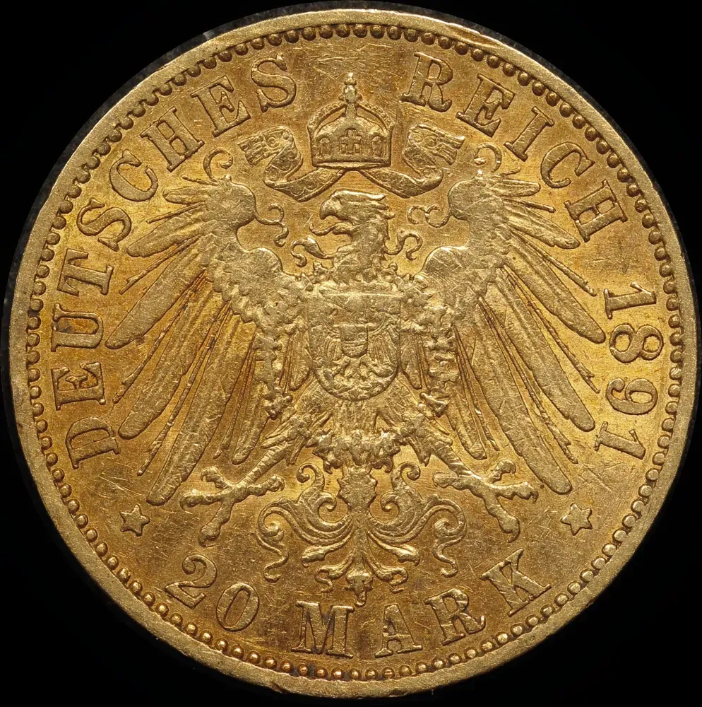 German States (Prussia) 1891-A Gold 20 Marks KM# 521 Extremely Fine