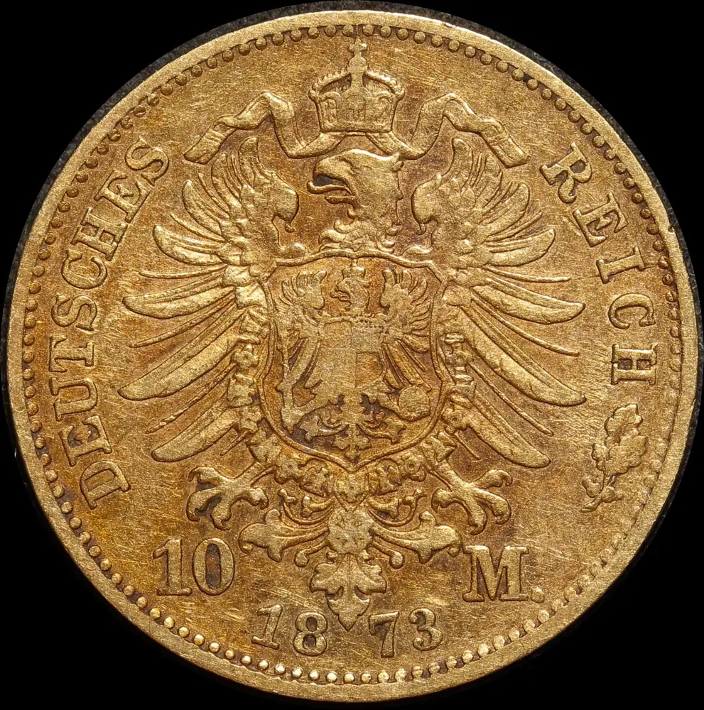German States (Bavaria) 1873-D Gold 10 Marks KM#892 Extremely Fine