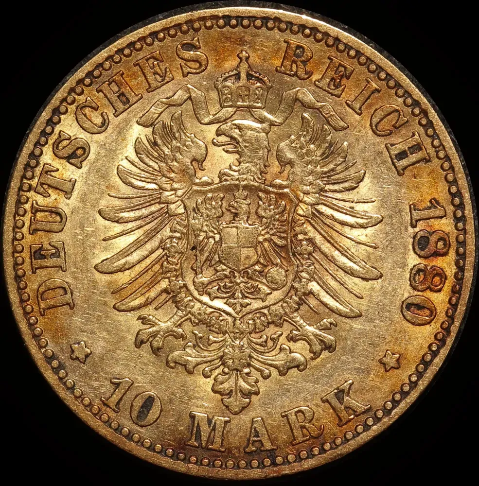 German States (Prussia) 1880-A Gold 10 Marks KM#504 about Unc