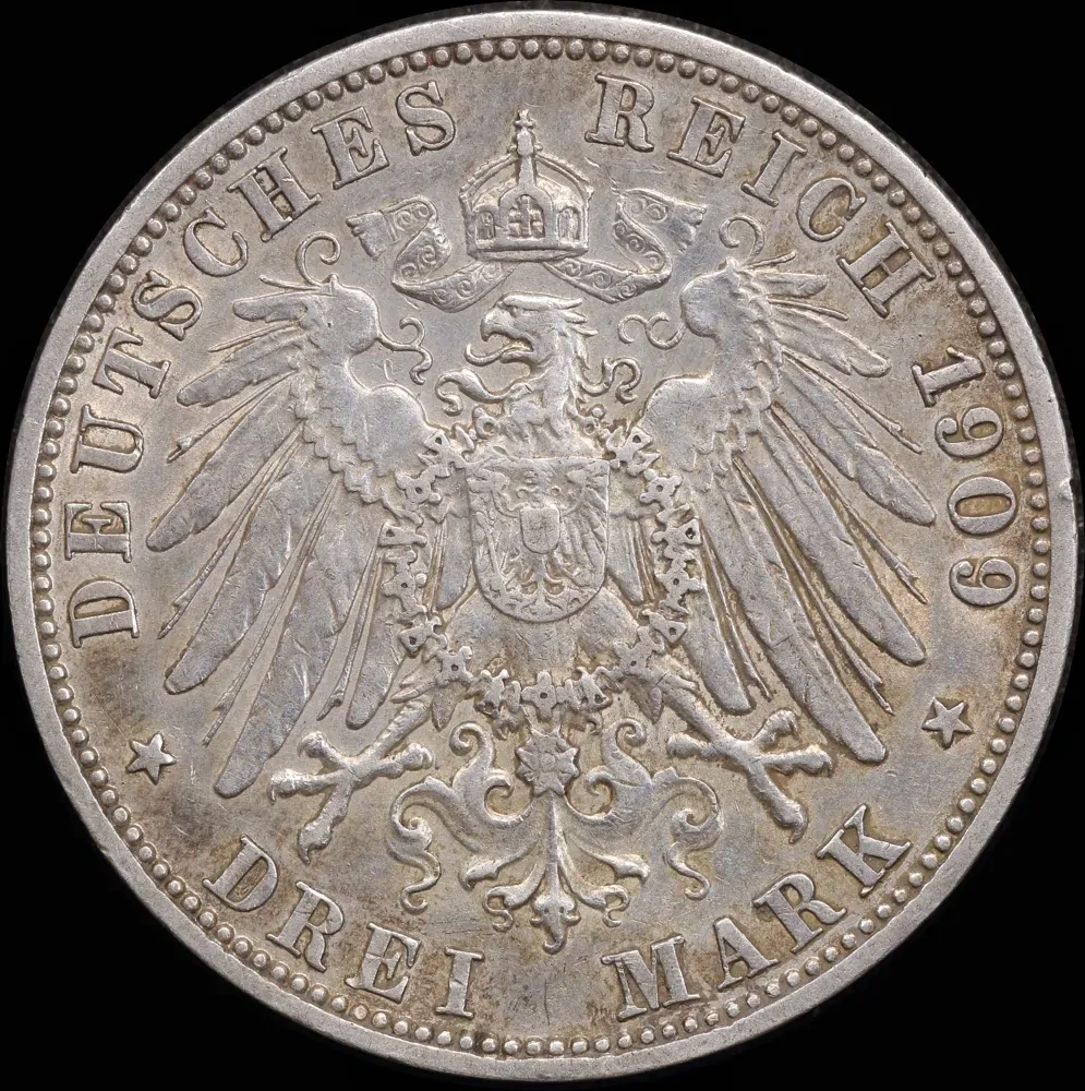 German States (Prussia) 1909-A Silver 3 Mark KM#527 Extremely Fine