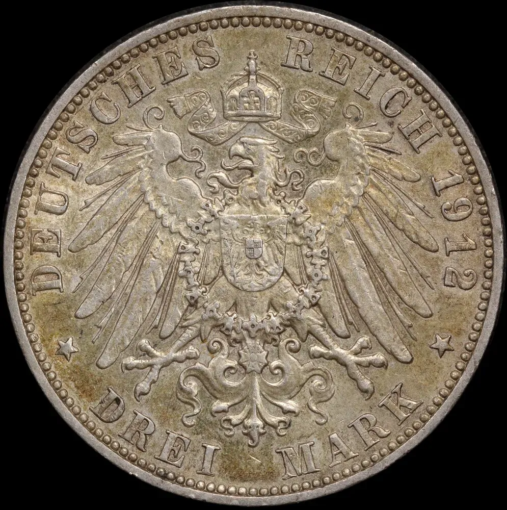 German States (Prussia) 1912-A Silver 3 Mark KM#527 good EF