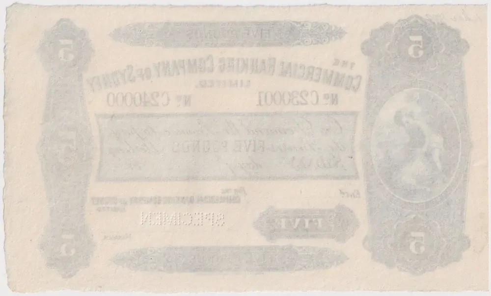 Commercial Banking Company of Sydney 18-- 5 Pound Unissued Specimen Note MVR# 4a Uncirculated