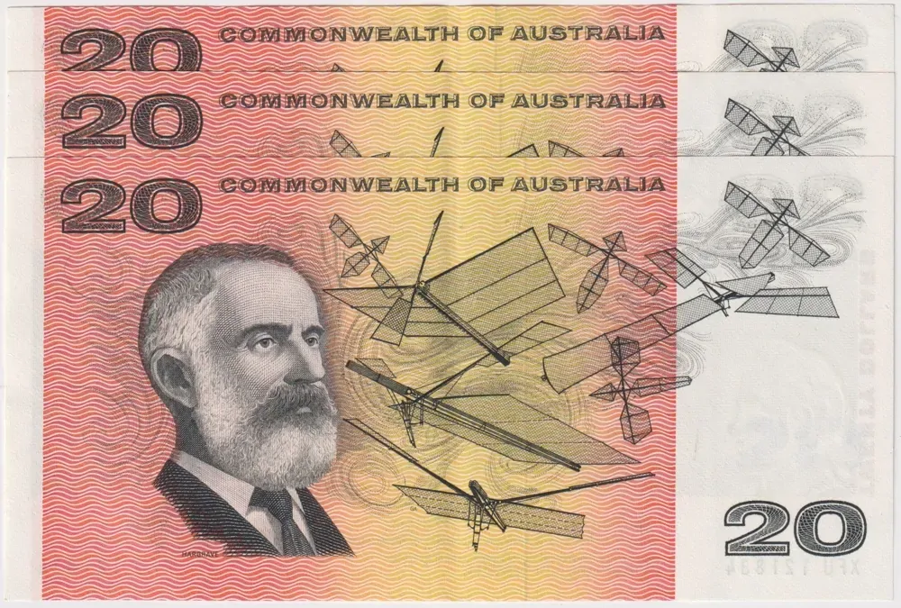 1972 $20 Note Commonwealth of Australia Consecutive Trio Phillips/Wheeler R404 good EF