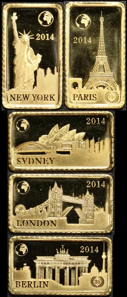 Solomon Islands 2014 Group of 5 Gold 1 Gram Coins Famous Landmarks product image
