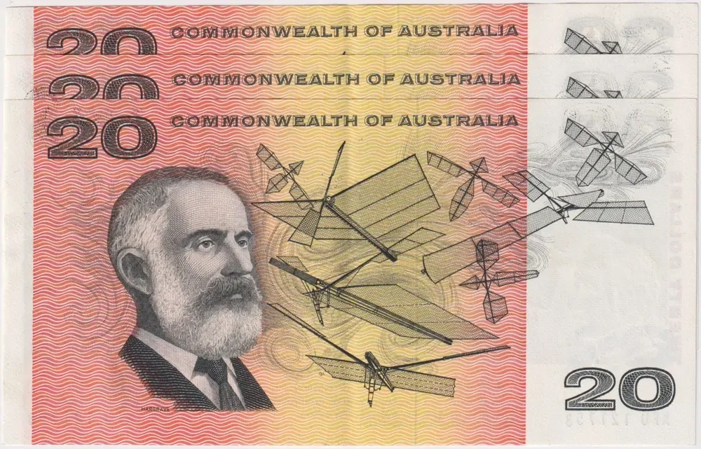 1972 $20 Note Commonwealth of Australia Consecutive Trio Phillips/Wheeler R404 Extremely Fine product image
