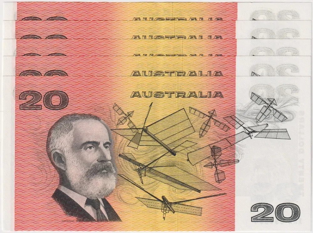 1974 $20 Notes Consecutive Run of 5 Australia Phillips/Wheeler R405 good EF