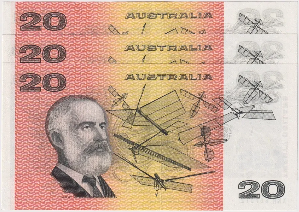 1976 $20 Note Consecutive Trio Gothic Centre Thread Knight/Wheeler R406a about Unc