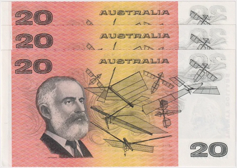 1976 $20 Note Consecutive Trio Gothic Serials Side Thread Knight/Wheeler R406B good EF