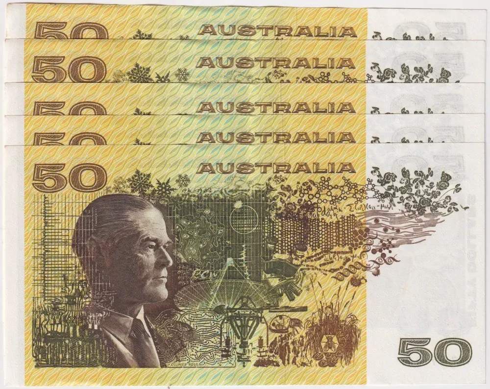 1976 $50 Note Consecutive Run of 5 Gothic Centre Knight/Wheeler R506A about Unc