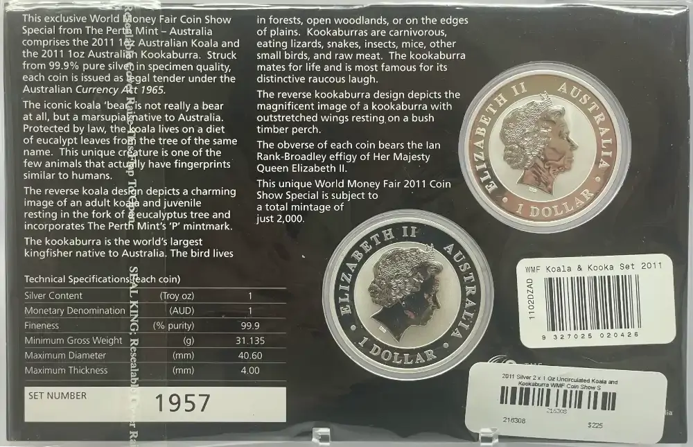 2011 Silver 2 x 1 Oz Uncirculated Koala and Kookaburra WMF Coin Show Special product image