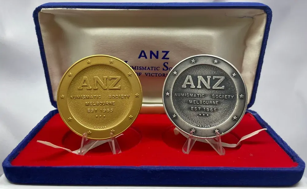 1975 Silver Oxidised and Gilded Medal Pair ANZ/Numismatic Society Melbourne