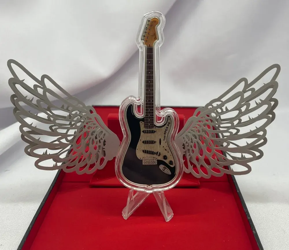 Solomon Islands 2024 Silver 1 Ounce Guitar Shaped Coin Fender Player Stratocaster product image