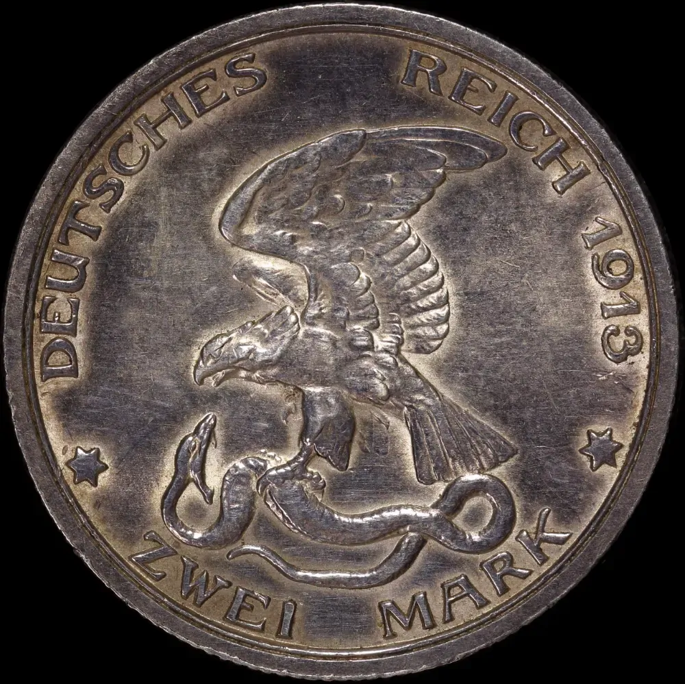 German States (Prussia) 1913 Silver 2 Marks KM# 532 good EF