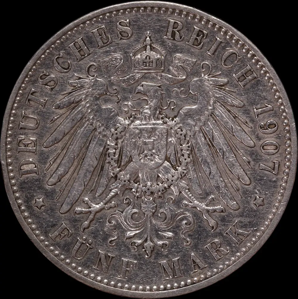 German States (Saxony-Albertine) 1907 Silver 5 Marks KM# 1266 Very Fine
