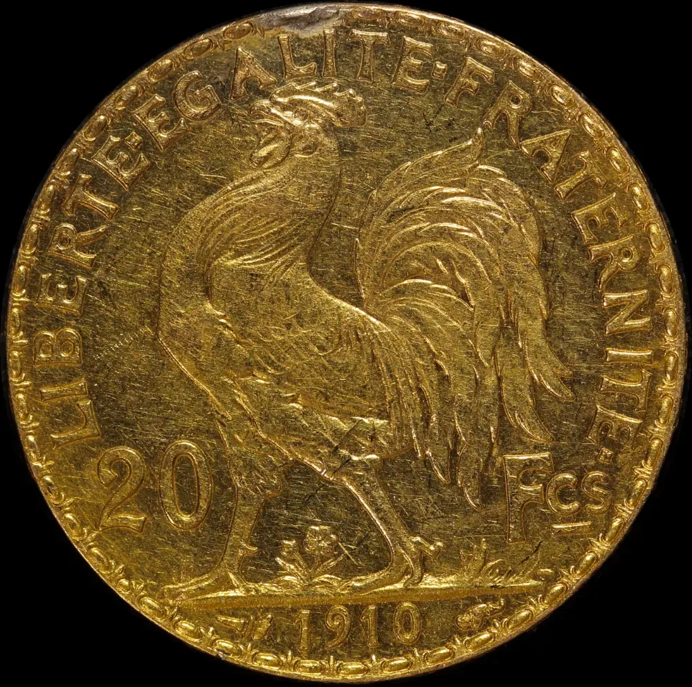France 1910 Gold 20 Francs Rooster KM#857 good EF