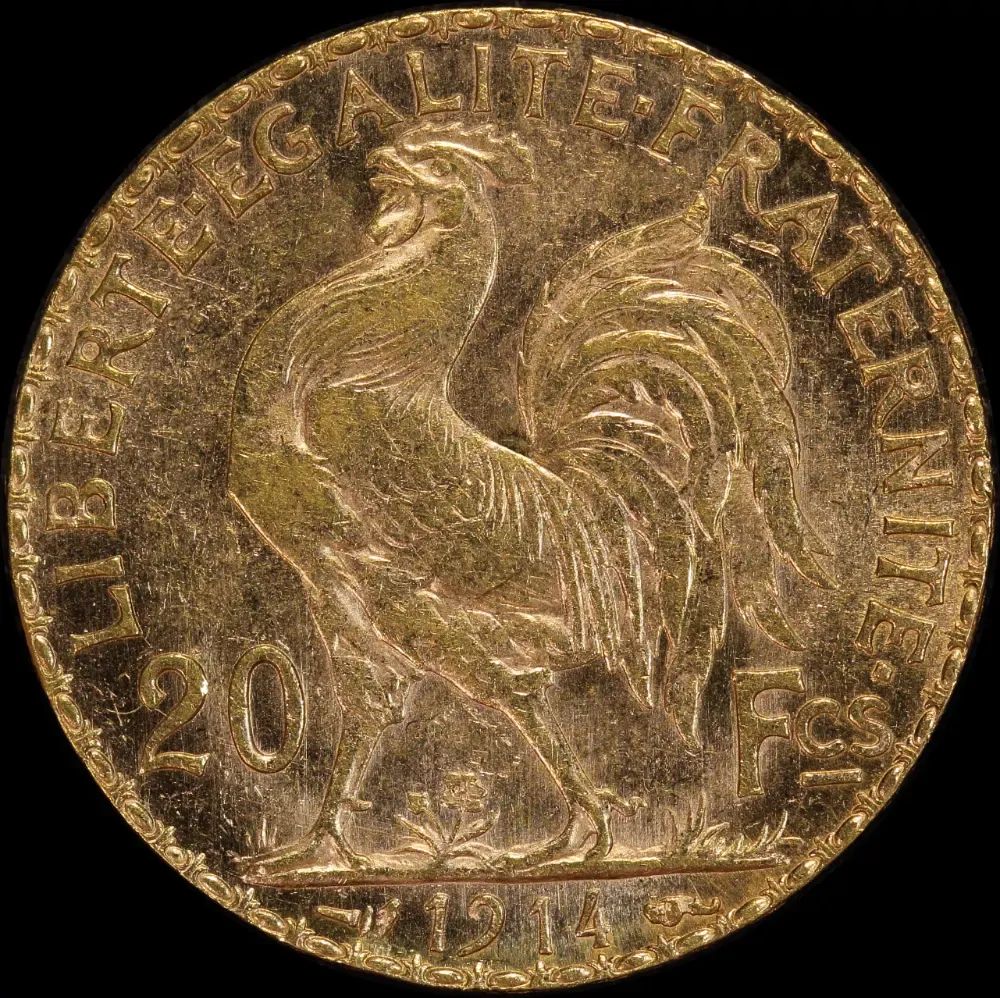 France 1914 Gold 20 Francs Rooster KM#857 about Unc