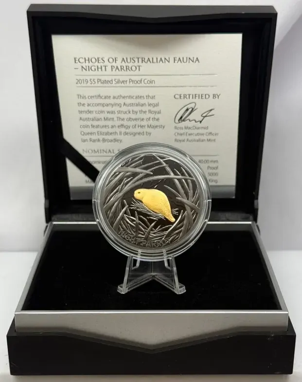 2019 5 Dollar Plated Silver Proof Coin - Night Parrot