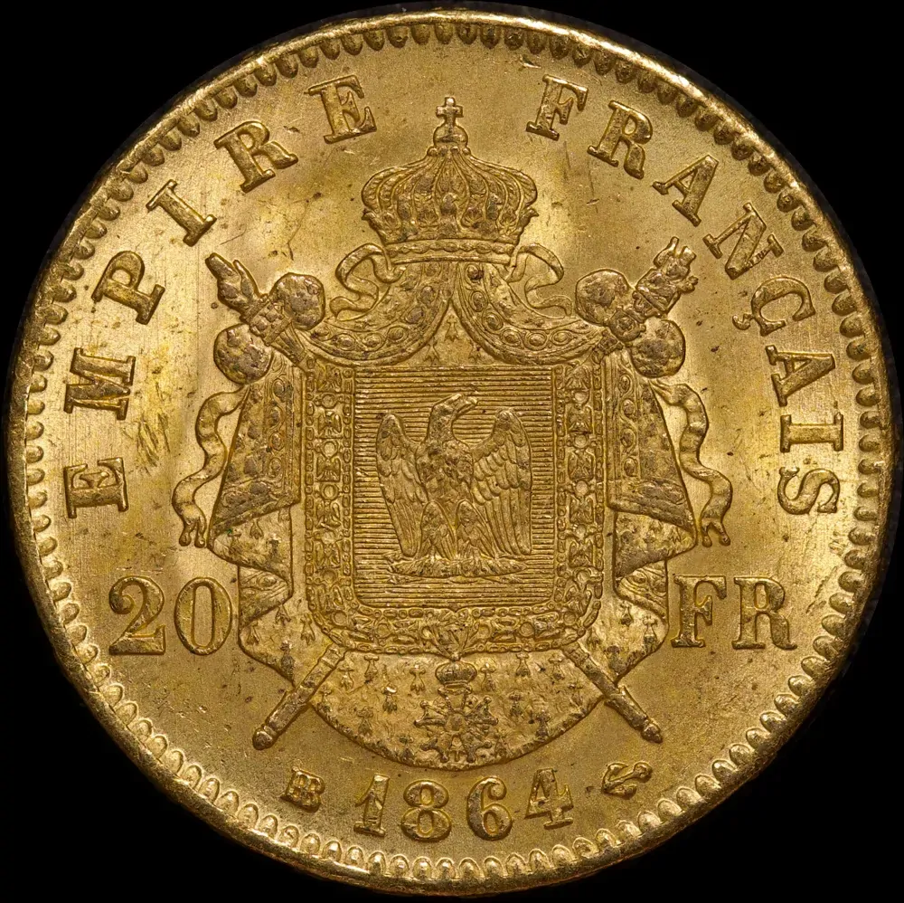 France 1864-A Gold 20 Franc KM#801.1 about Unc