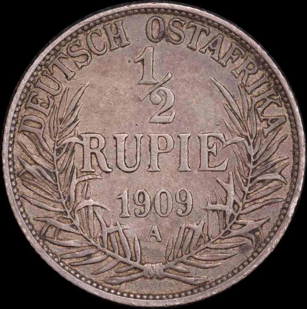 German East Africa 1909-A Silver 1/2 Rupien KM# 9 Extremely Fine