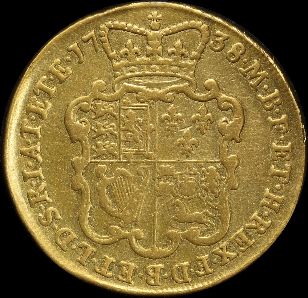 George II 1738 Gold Two Guineas S# 3667 good Fine (Ex mount)