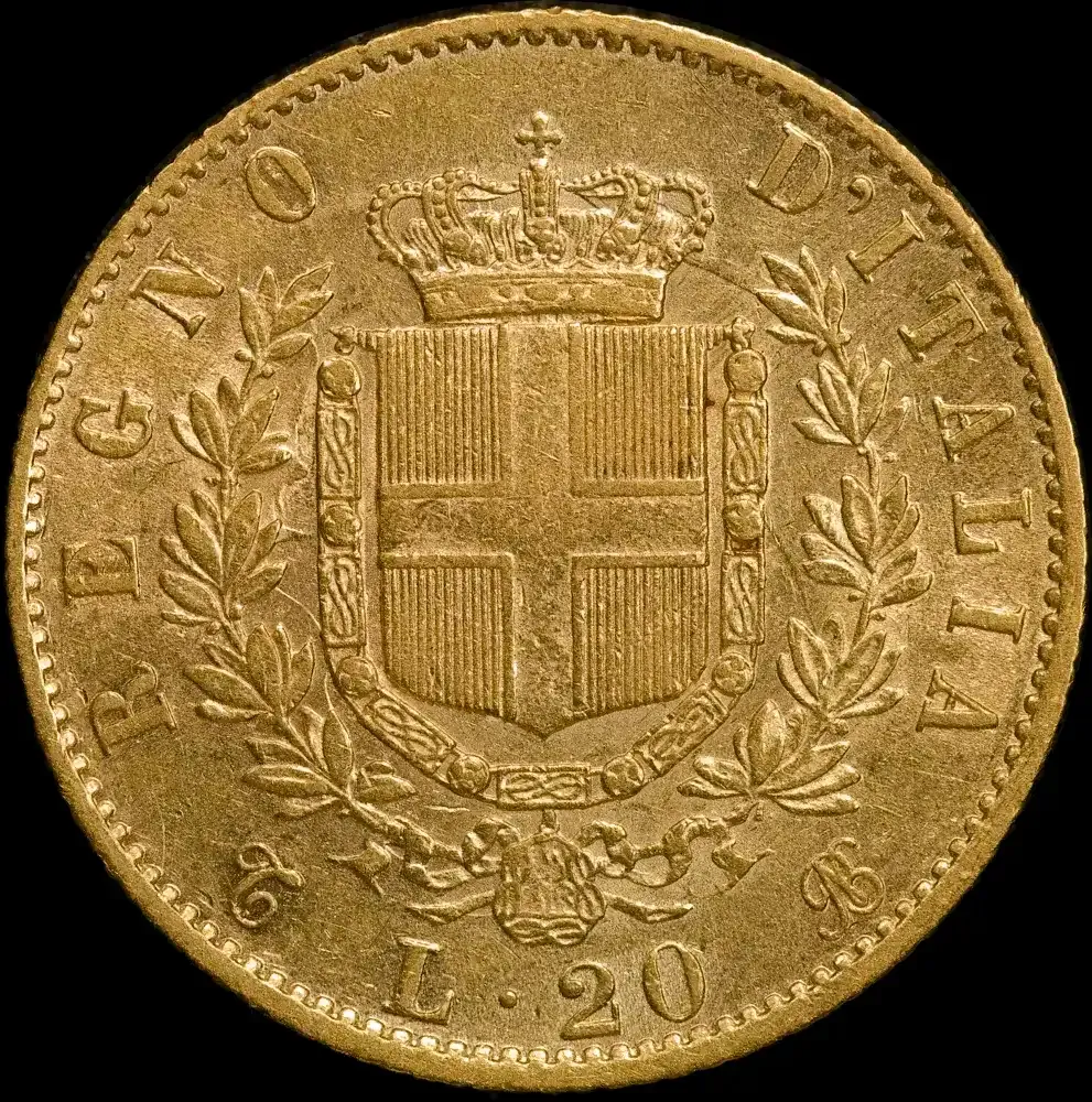 Italy 1865 Gold 20 Lire KM# 10.1 good VF