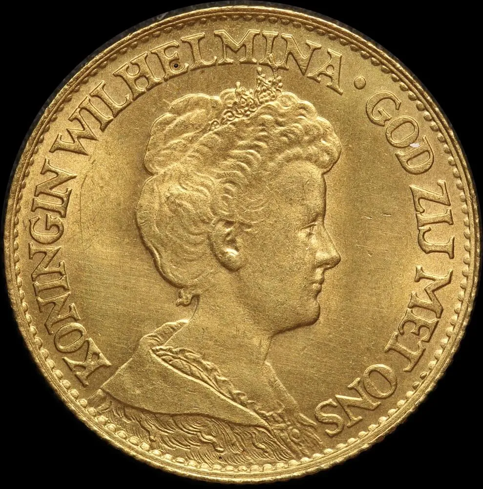Netherlands 1917 Gold 10 Gulden KM# 149 Uncirculated product image
