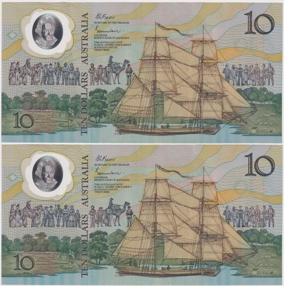 1988 $10 Note Pair Bicentennial 2nd issue AB10 1st Prefix Johnston/Fraser R310bF Extremely Fine