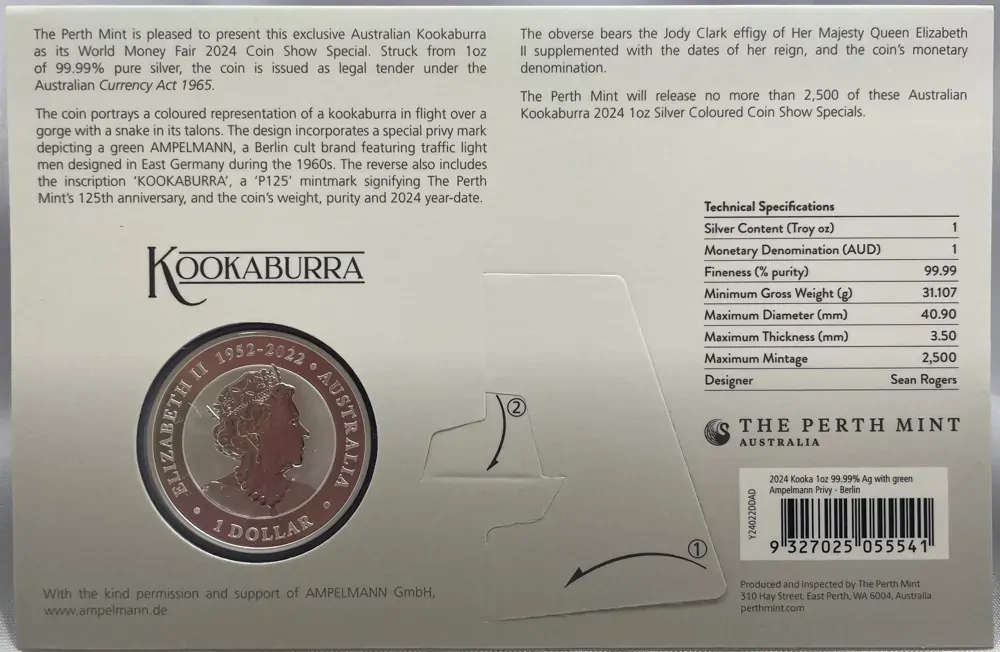 2024 Silver 1 Ounce Coloured Coin Kookaburra World Money Fair