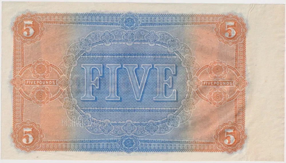 1906 London Bank Of Australia Ltd (Melbourne) Five Pounds Unissued Specimen Note MVR#5 Uncirculated