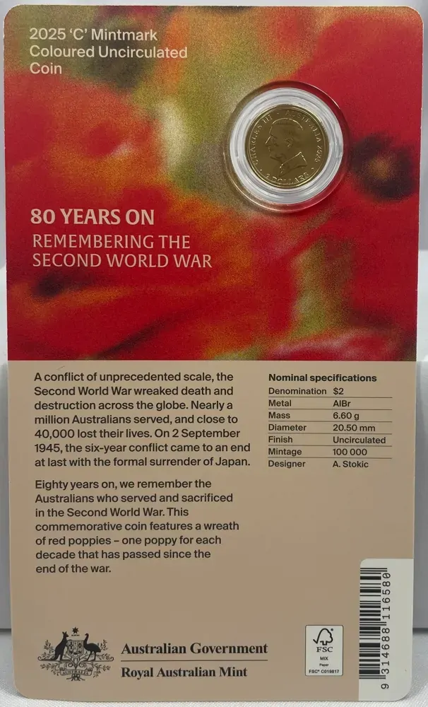 2025 2 Dollar Uncirculated Coin C Mintmark Remembrance 80 Years product image