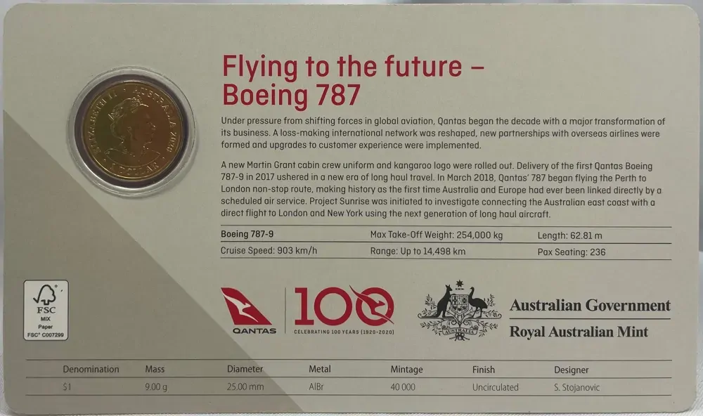 2020 1 Dollar Uncirculated Coin Qantas Flying to the Future Boeing 787 Ex Set product image
