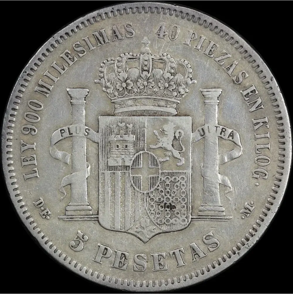 Spain 1871 Silver 5 Pesetas KM# 666 Very Fine product image