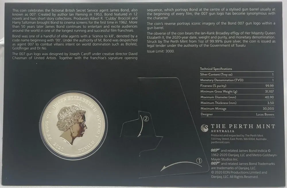 Tuvalu 2020 Silver 1 Ounce Uncirculated Coin James Bond 007 product image