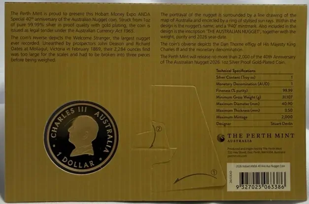 2026 Silver 1 Ounce Gold Plated Coin Gold Nugget 40th Anniversary ANDA Hobart Money Expo product image