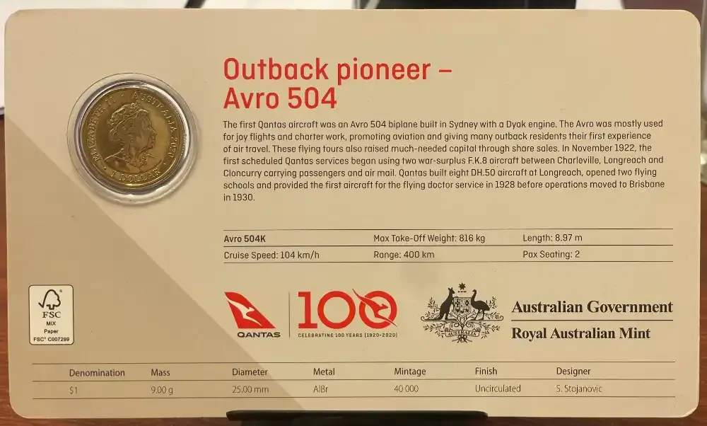 2020 1 Dollar Coin Qantas Outback Pioneer Avro 504