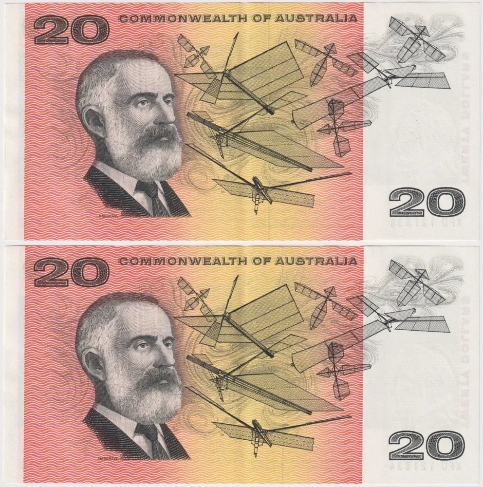 1972 $20 Note Commonwealth of Australia Consecutive Pair Phillips/Wheeler R404 good EF product image