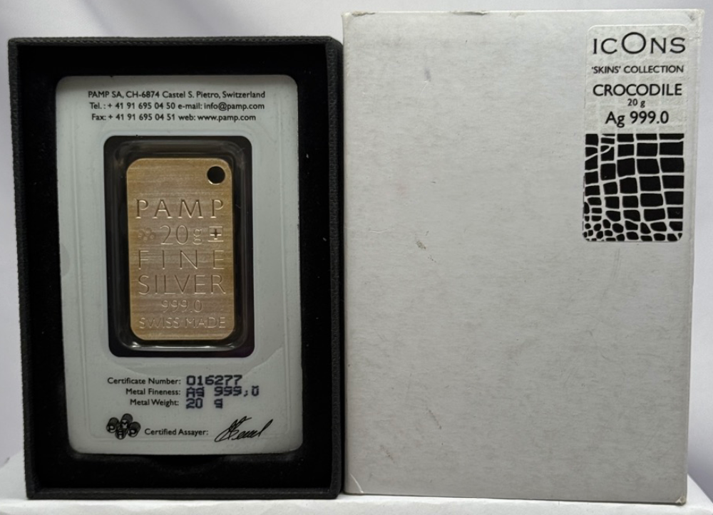 PAMP Suisse Silver 20g Icons Skins Collection Crocodile
