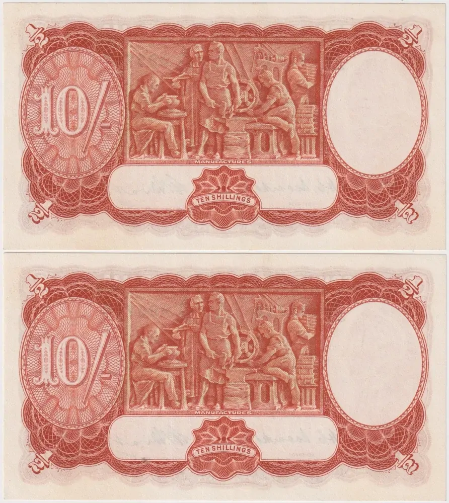1949 Ten Shilling Consecutive Pair Coombs/Watt R14 about Unc product image