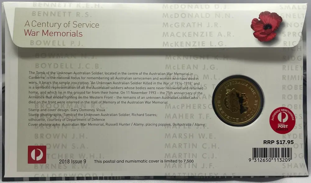 2018 1 Dollar PNC ANZAC War Memorials A Centenary of Service