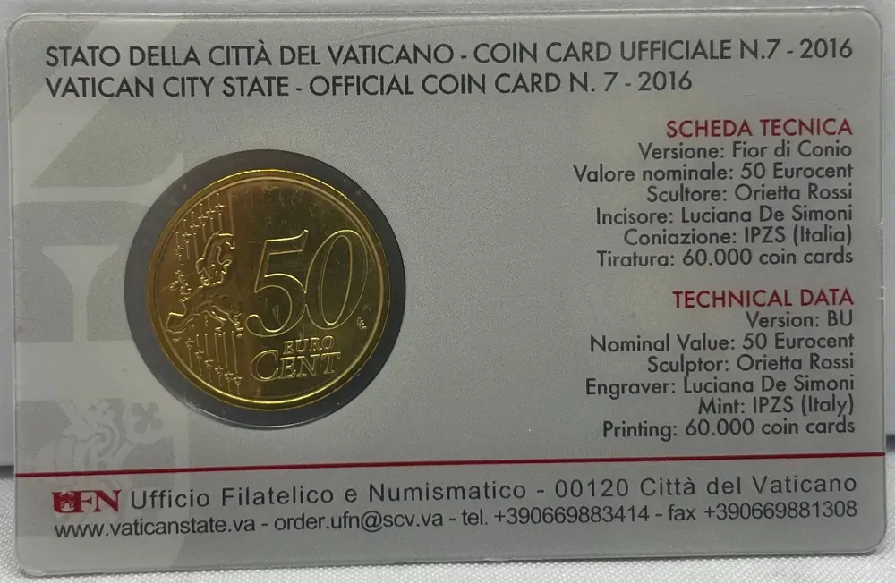 Vatican City 2016 50 Euro Cents Uncirculated Coin Card 7 product image