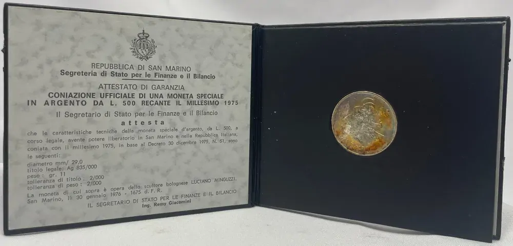 San Marino 1975 Silver 500 Lire Uncirculated Coin Numismatic Agency Opening product image