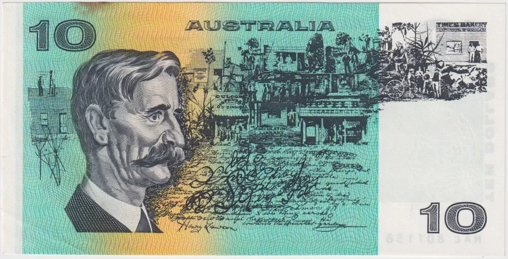 1985 $10 Note Johnston/Fraser MAC Last Prefix R309L about Unc